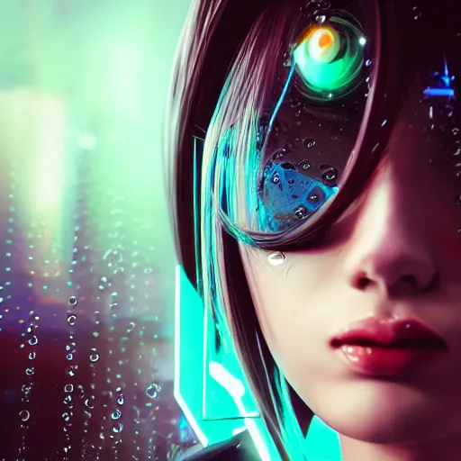 Image similar to anime woman portrait made out of rain, beautiful, cyborg, stylish suit, cyberpunk background, neon, rendered in octane, unreal engine, matte painting, sharp focus, trending on artstation, futuristic, space