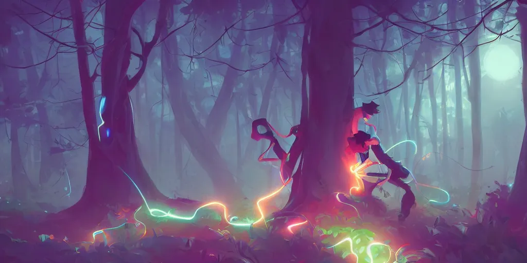 Prompt: closeup of a non - binary vr musician plugging cables into trees in a mystical glowing forest in the style of artgerm, charlie bowater, atey ghailan and mike mignola, vibrant colors and hard shadows and strong rim light, plain background, comic concept art, trending on artstation