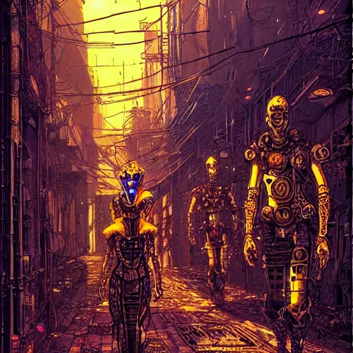 Image similar to cyberpunk knights in an alley of derelict tech, atmospheric lighting, painted, intricate, golden hour, ultra detailed by philippe druillet