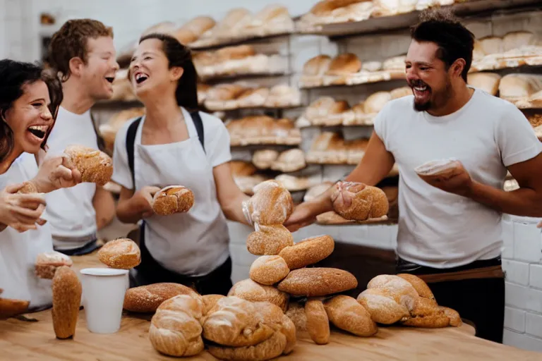 Image similar to 3 people in a bakery laughing at bread,