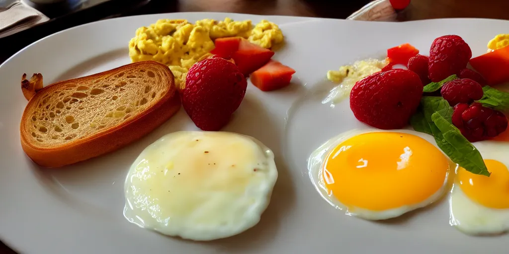 Prompt: photo of breakfast, close - up, low saturation, diffuse light