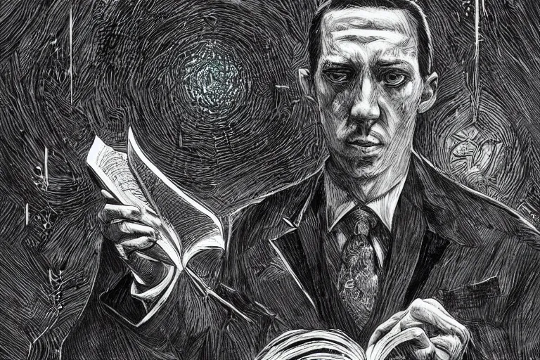 Prompt: “ a extremely detailed stunning portraits of hp lovecraft reading necronomicon by allen william on artstation ”