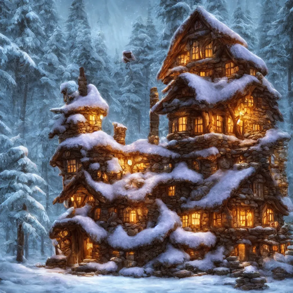 Prompt: elf magical forest cabin with a chimney fantasy, trending on artstation, octane