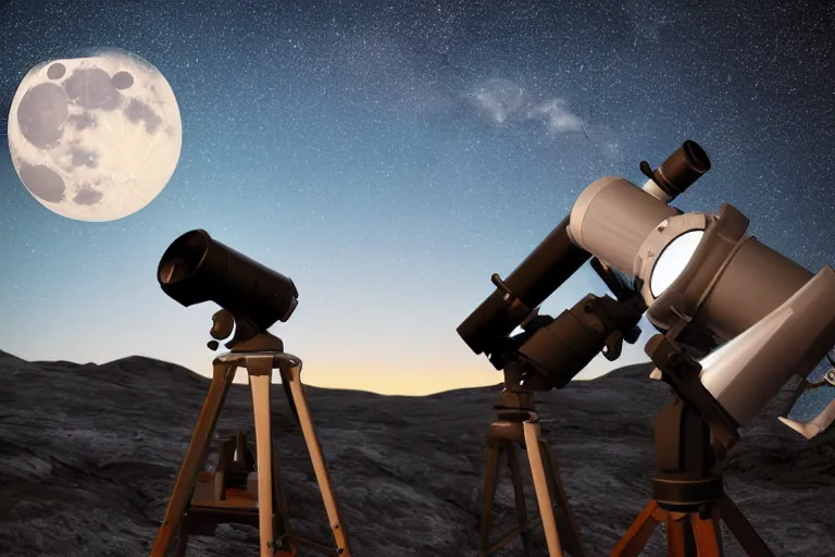 Image similar to alpha as astronomy teacher looking up on a telescope, moon, clear skies, starry skies, realism realistic
