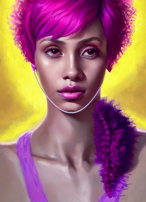 Image similar to portrait of vanessa morgan with bright pink hair, curly pixie cut hair, wearing a purple breton cap, breton cap, hoop earrings, intricate, elegant, glowing lights, highly detailed, digital painting, artstation, concept art, smooth, sharp focus, illustration, art by wlop, mars ravelo and greg rutkowski