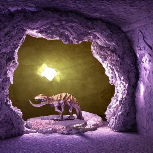 Prompt: photorealistic dinosaur skeleton inside a geode of crystals, volumetric lighting