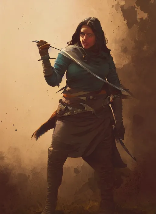 Image similar to hyper realistic photo of medieval chubby beautiful rogue hunter girl, full body, rule of thirds, conceptart, saturated colors, cinematic, greg rutkowski, brom, james gurney, mignola, craig mullins, artstation, cgsociety