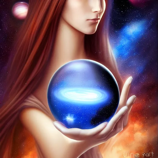 Image similar to beautiful!! mystic with a crystal ball that has a galaxy inside artgerm anne stokes highly detailed 8 k hdr smooth sharp focus high resolution award - winning photo photorealistic