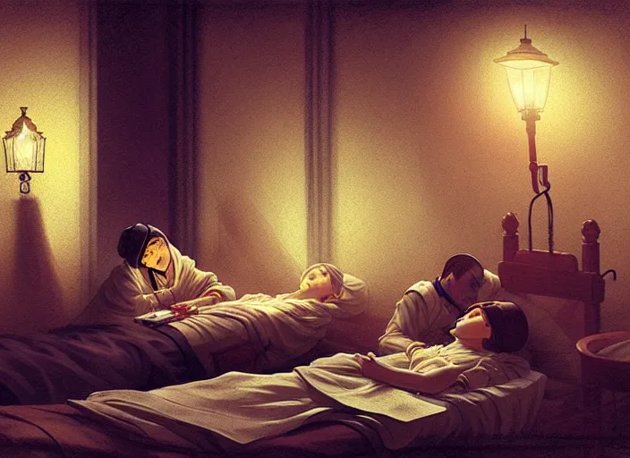 Image similar to 1 8 5 5 crimea, army hospital at night, patients sleeping, florence nightingale holding lamp, visiting the soldiers to make sure they were comfortable, wounded patients, finely detailed perfect art, painted by greg rutkowski makoto shinkai takashi takeuchi studio ghibli