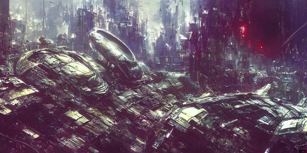 Image similar to hi - tech alien space ship crashed on dystopian earth, nyc 2 0 7 7, detailed, sharp focus, brush strokes, technicolor, by john berkey, craig mullins.