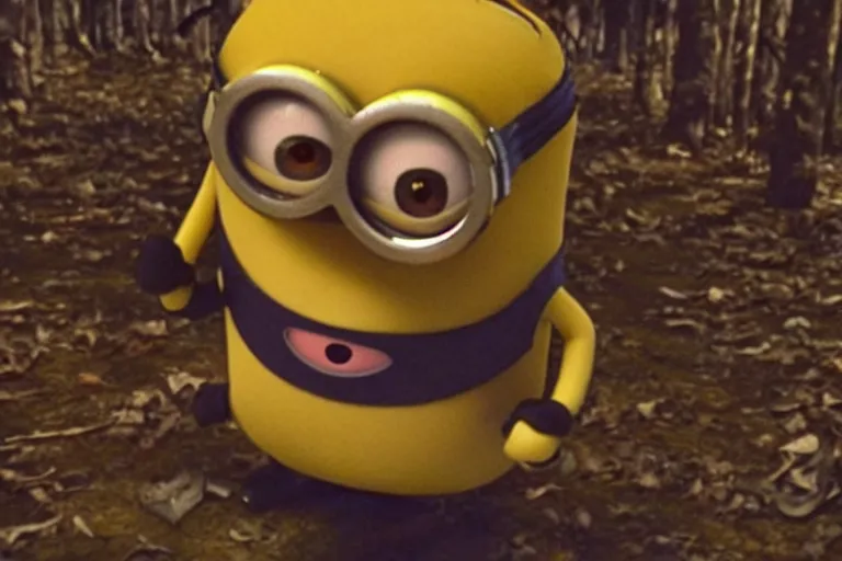 Prompt: a vhs still of a minion in blair - witch project ( 1 9 9 9 ), real life, chromatic abberation, low saturation, cinematic, detailed, move still, ultra realistic face, accurate, 8 k, hd