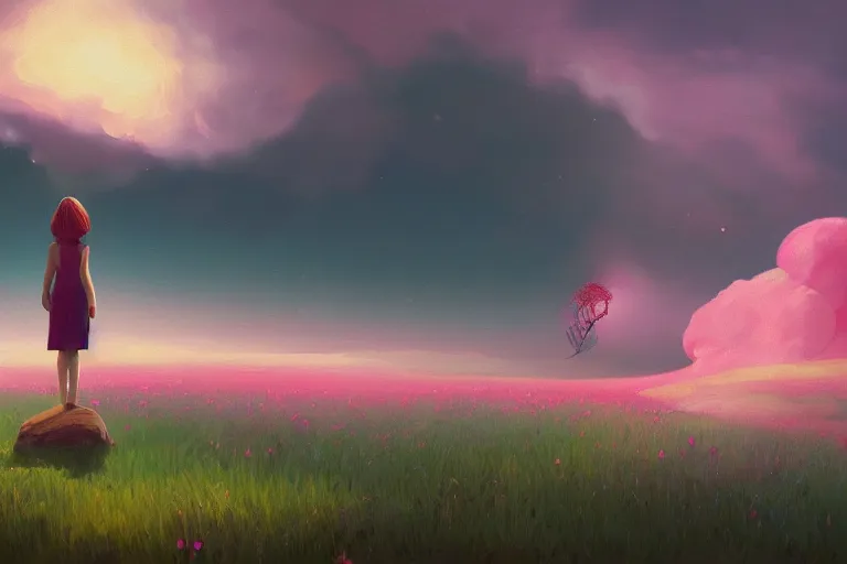 Image similar to giant pink flower as a head, girl standing on mountain, surreal photography, stars, dramatic light, impressionist painting, storm clouds, digital painting, artstation, simon stalenhag