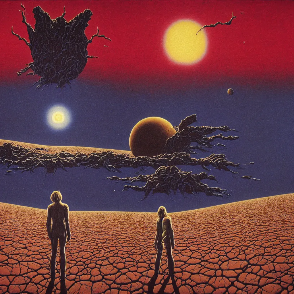 Image similar to high detailed lone person looking to its dying planet on a progressive rock 70s 80s album cover style by Barry Godber, psychedelic, oil paint on canvas, moebius, incal, realistic art, evangelion third impact inspired, Eliran Kantor, sand and desert environment, Eloy band, cinematic, unreal engine, high quality, eerily beautiful, cgsociety, 4K, UHD, Zdzisław Beksiński, by George Caleb Bingham and Donato Giancola and Bob Eggleton, trending on ArtStation, dune, pulp magazines cover art