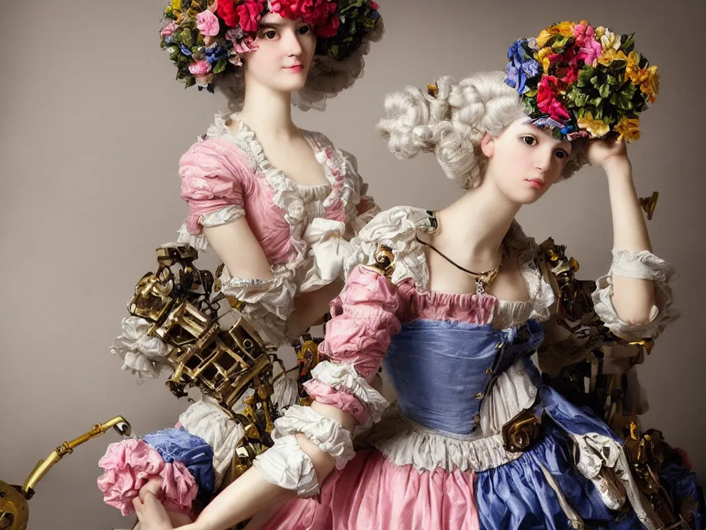 Image similar to robotic mechanic marie antoinette beautiful young woman with baroque wig with flowers,