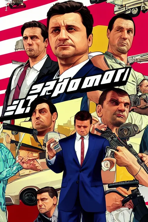 Prompt: GTA V cover art starring Volodymyr Zelensky, starring Volodymyr Zelensky