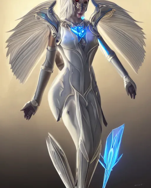 Image similar to perfect white haired egyptian goddess wearing white dove wings, warframe armor, regal, attractive, ornate, sultry, beautiful, dreamy, half asian, pretty face, blue eyes, detailed, scifi platform, 4 k, ultra realistic, epic lighting, android body, illuminated, cinematic, masterpiece, art by akihito tsukushi, voidstar, artgerm