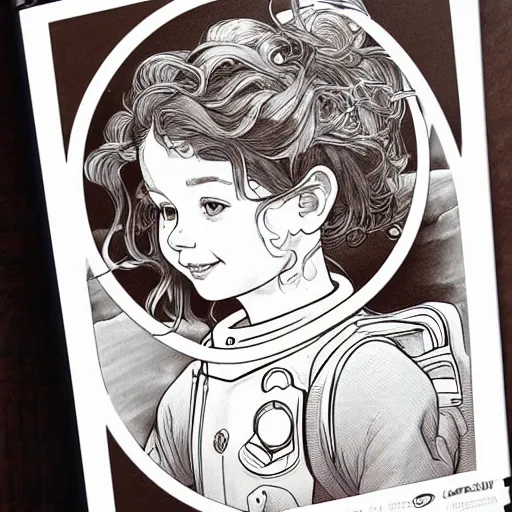 Image similar to clean simple line art of a cute little girl with a short brown wavy curly hair. she is dressed as an astronaut. no background. well composed, clean coloring book page, beautiful detailed face. coloring book line art by artgerm and greg rutkowski and johanna basford and alphonse mucha