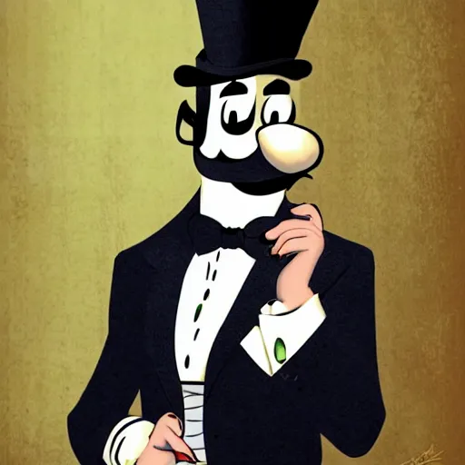 Image similar to dapper fancy luigi wearing a top hat, smirking deviously, painted by wlop