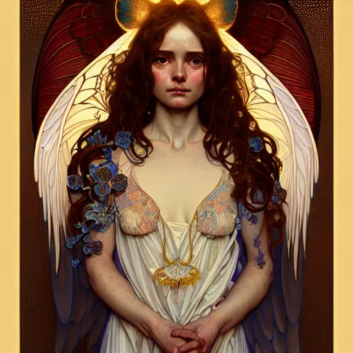 Image similar to Portrait of an angel girl with glowing halo and highly detailed intricate wings, art nouveau, fantasy, intricate, elegant, highly detailed, digital painting, artstation, concept art, smooth, sharp focus, illustration, art by Krenz Cushart and Artem Demura and alphonse mucha