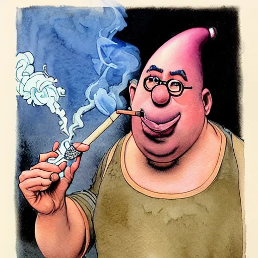 Image similar to a realistic and atmospheric watercolour fantasy character concept art portrait of mr. potato head with pink eyes wearing a wife beater and smoking a huge blunt by rebecca guay, michael kaluta, charles vess and jean moebius giraud