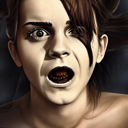 Prompt: emma watson screams in hunger and shows her long teeth, horror version. an unnatural abomination with long teeth, many tentacles, and gray skin. grunge, horror, dmt, dark and muted colors, detailed airbrush art, by yves klein