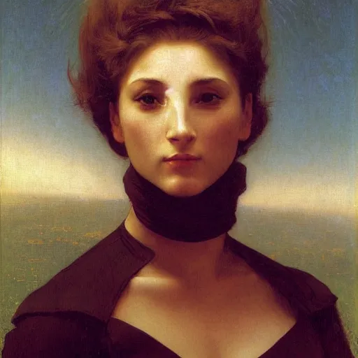 Image similar to frontal portrait of a scifi woman, by bouguereau