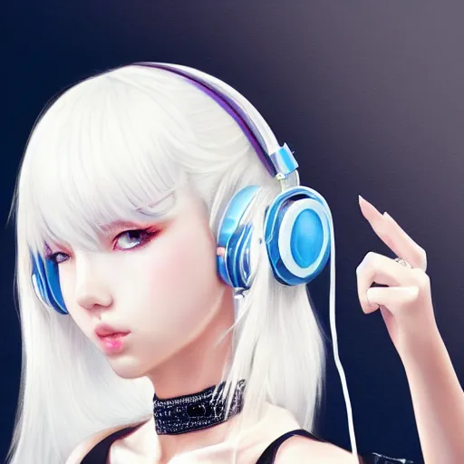Image similar to realistic teasing detailed semirealism beautiful gorgeous cute Blackpink Lalisa Manoban white hair white cat ears blue eyes, wearing black camisole outfit, headphones, black leather choker full HD 4K high resolution quality WLOP, Aztodio, Taejune Kim, Guweiz, Pixiv, Instagram, Artstation