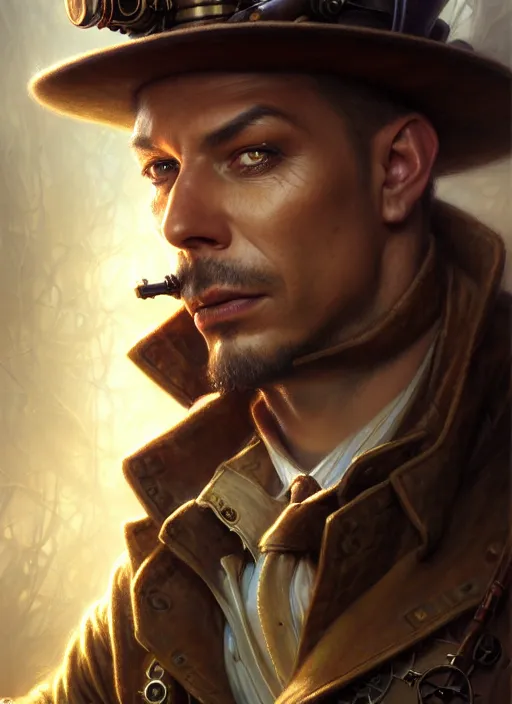 Image similar to closeup portrait shot of a steampunk detective in a scenic cyberpunk mystery environment, intricate, elegant, highly detailed, centered, digital painting, artstation, concept art, smooth, sharp focus, illustration, artgerm, tomasz alen kopera, peter mohrbacher, donato giancola, joseph christian leyendecker, wlop, boris vallejo