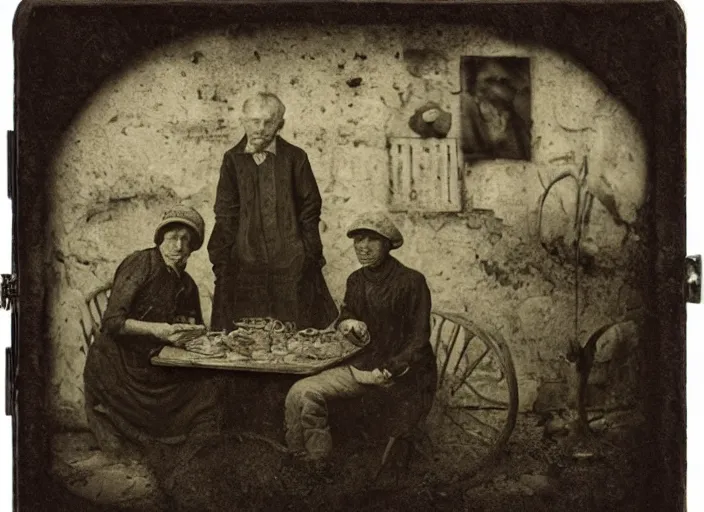 Image similar to old wetplate daguerreotype potato eaters by van gogh, fractal, intricate, elegant, highly detailed, parallax, leica, medium format, subsurface scattering, by jheronimus bosch and greg rutkowski and louis jacques mande daguerre