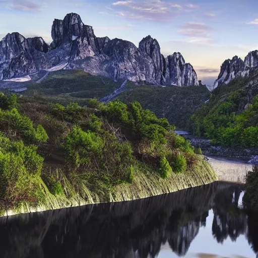 Prompt: a 4K high-definition expansive view of a pitch-black rampart sitting beside a river, black flags, cascading mountains on the other side of the river, highly detailed, cinematic, realistic