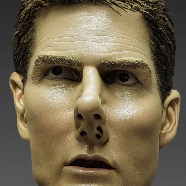 Prompt: studio photograph of hyperrealistic accurate portrait sculpture of tom cruise, beautiful symmetrical!! face accurate face detailed face realistic proportions, made of green blown glass on a pedestal by ron mueck and matthew barney and greg rutkowski, hyperrealism cinematic lighting shocking detail 8 k