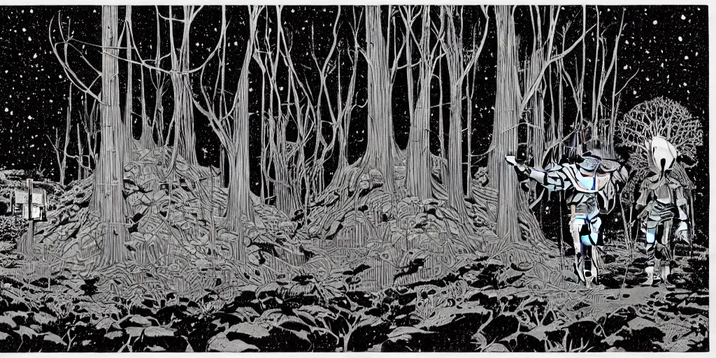 Prompt: grainy risograph, huge floating sword against huge robot machine with three heads, close - up, omnious, matte colors, in the dense forest, highly detailed, artstation, intricate - detailed, by moebius, jack gaughan, lehr paul, sci - fi 1 9 8 0 and manga 2 0 0 0