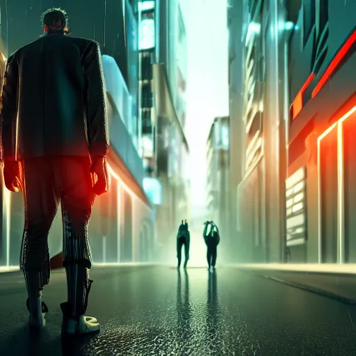 Image similar to cyberpunk men holding a cool watch walking in the middle of a cyberpunk street the background is a cyber street the weather is rainy and foggy photo - realistic