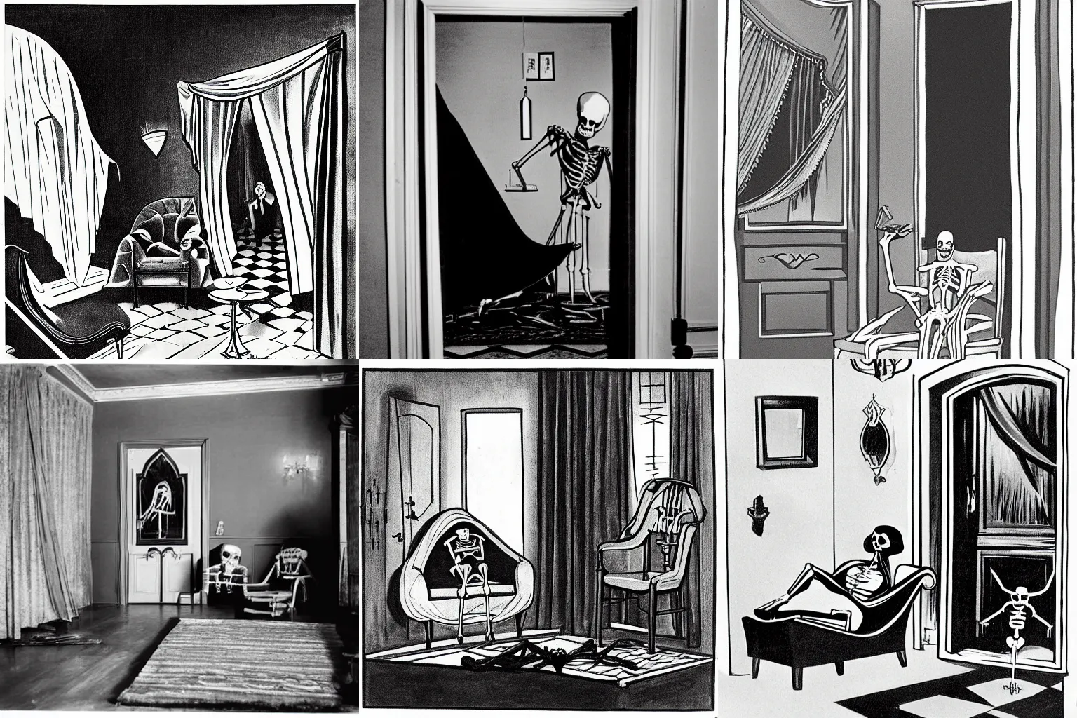 Prompt: room with a door. 1940s diva laying on a chaise longue having a martini. death skeleton wearing a hooded cape and black robe enters the room through the door