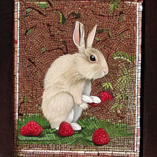 Image similar to a rabbit eating raspberries in the style of ancient mosaic