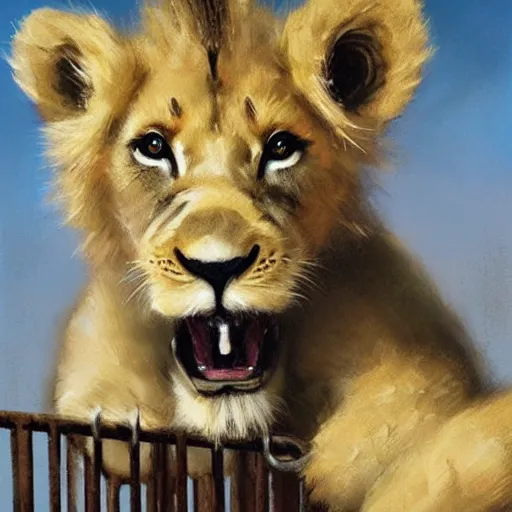 Image similar to adorable lion cub in a cage, oil painting, by greg rutkowski