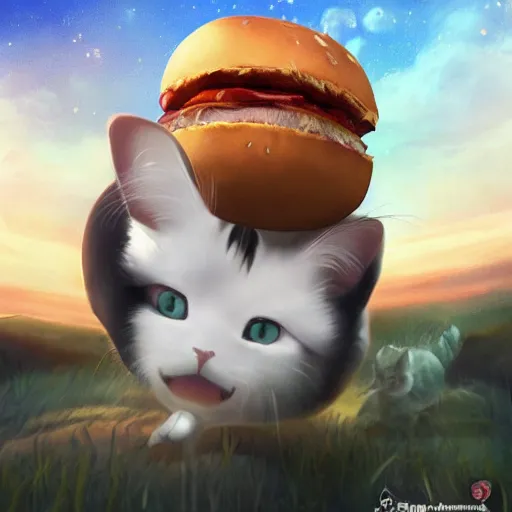 Image similar to deeply terrified cat running away from the giant carnivorous sandwich, artstation hq, dark phantasy, stylized, symmetry, modeled lighting, detailed, expressive, true unsimulated emotions, created by hayao miyazaki