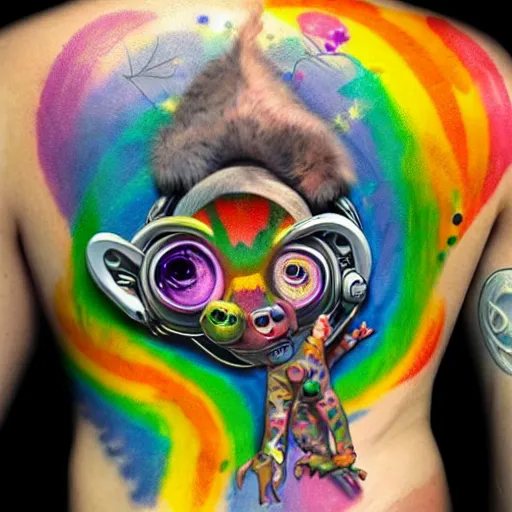 Image similar to shoulder back tattoo of a multicolored cute bush baby with headphones scratching on a dj desk, eyes are colorful spirals, surrounded with colorful magic mushrooms and rainbowcolored marihuana leaves, insanely integrate
