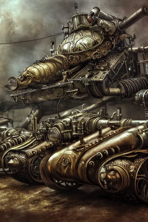 Image similar to hyper realistic dragon lying down with steam punk tanks and tubes and breathing apparatus on its back, white background, full frame, art byjon foster