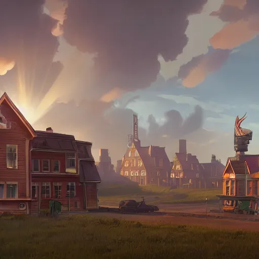 Image similar to some Steampunk buildings with the sun shining through the clouds in utopia by Simon Stålenhag and Greg Rutkowski,In style of Grant Wood.hyper detailed,8K Resolution,unreal engine 5,epic lighting,Ray Tracing,highly realistic