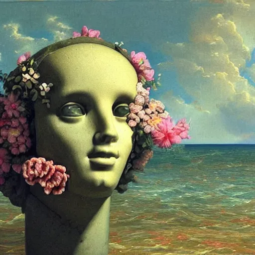 Image similar to a surreal vaporwave vaporwave vaporwave vaporwave vaporwave painting by Thomas Cole of an old pink mannequin head with flowers growing out, sinking underwater, highly detailed