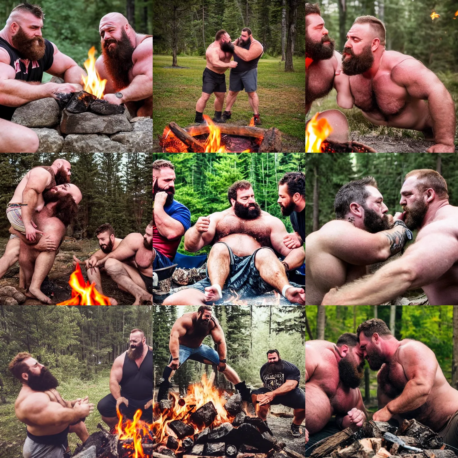 Prompt: big burly hairy manly strongmen kissing by the campfire near a like, high definition, very detailed, dad energy, photography, brotherhood, wholesome