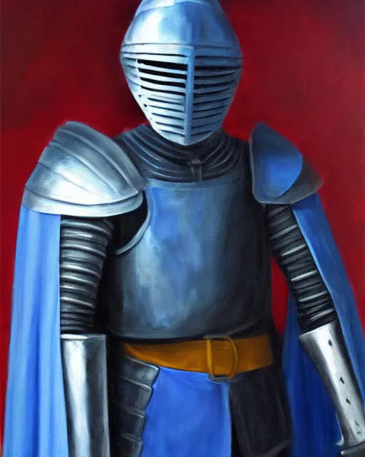 Image similar to a armored knight holding his sword, depression atmosphere, calm face, in blue cape, wild, daniel oxford, oil painting, master piece