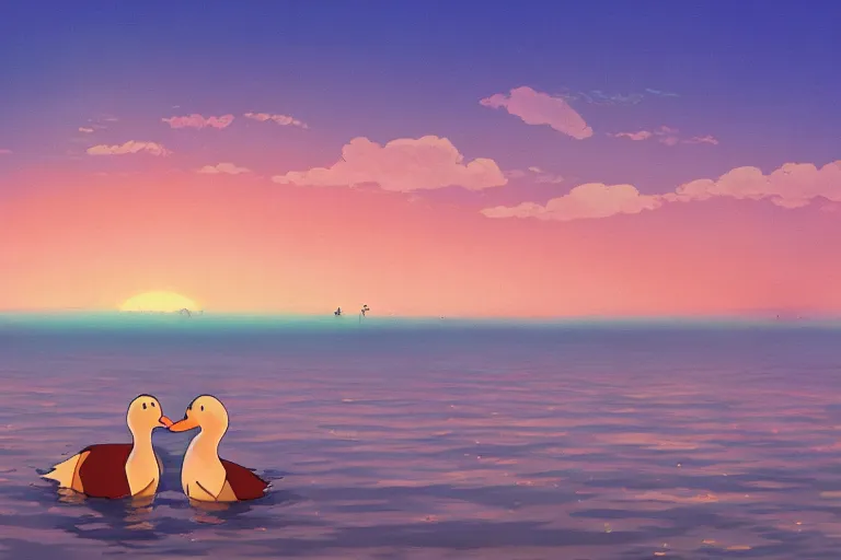 Image similar to a dreamy studio ghibli painting of a duck and a woman hugging each other near the water during a beautiful sunset, in the style of studio ghibli, highly detailed, 4K, smooth, trending on artstation