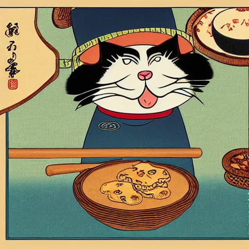 Image similar to a highly detailed illustration of an angry cat with a chef hat baking cookies, done in the style of ukiyo - e, 4 k