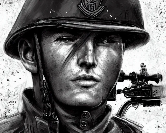 Image similar to A soldier with a hateful face aiming at a cat, long shot, world war 1, close-up, realistic face, beautiful face detail, mature facial features, black and white, amazing digital art, hyper detailed, artstation, in the style of Tony Sart