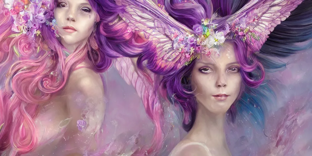 Prompt: a colorful and provenance portrait painting of a fantasy angel with beautiful face and her huge vibrant and flowers wings spread out gracefully, purple and pink colors ， detailed, highly detailed, hair made of hair made of air wind and curling smoke, mist, dust, genie, spirit fantasy concept art ， art by charlie bowater and aenami, trending on artstation.