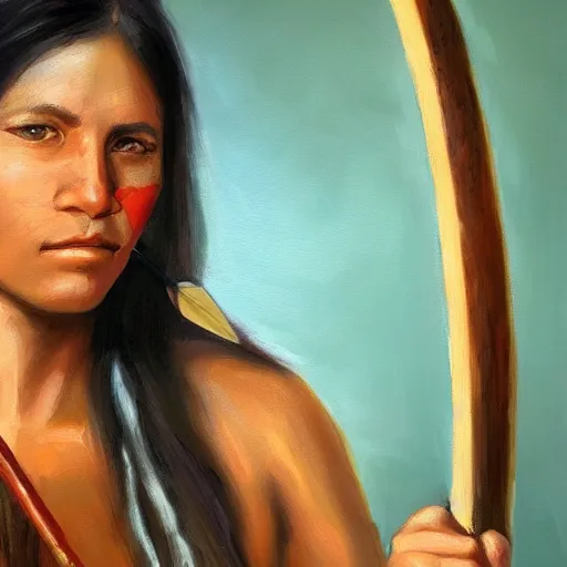 Image similar to Portrait painting of a native american female holding a spear, artstation