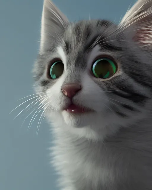 Image similar to cute fluffy kitten looking into the camera, big eyes, 3 d render, pixar style, octane render, very detailed
