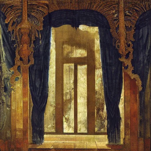 Image similar to A dark throne room with curtains by Gustave Moreau, by Georgia O keeffe